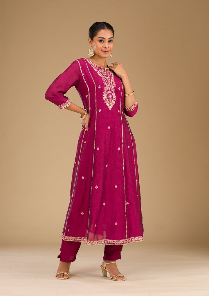 Wine Soft Raw Silk Threadwork Anarkali Kurta With Regular Pant And Dupatta