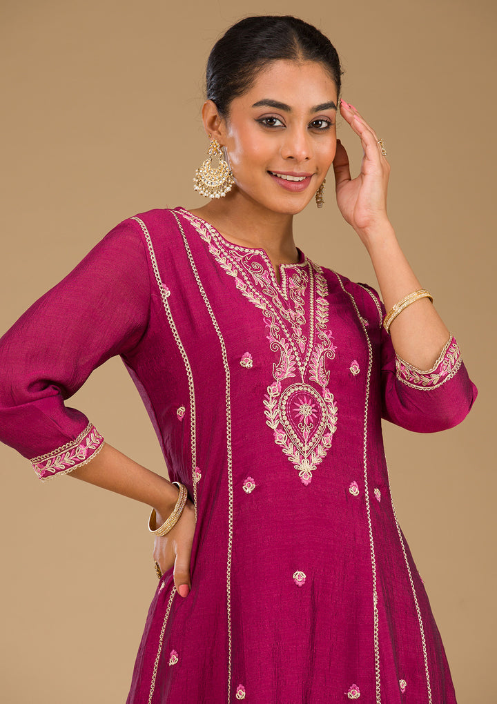 Wine Soft Raw Silk Threadwork Anarkali Kurta With Regular Pant And Dupatta