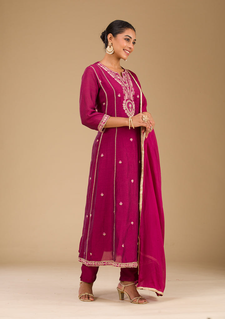 Wine Soft Raw Silk Threadwork Anarkali Kurta With Regular Pant And Dupatta