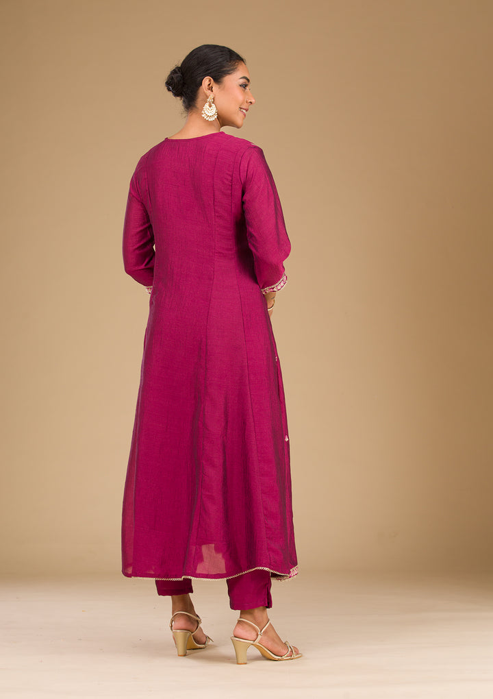 Wine Soft Raw Silk Threadwork Anarkali Kurta With Regular Pant And Dupatta