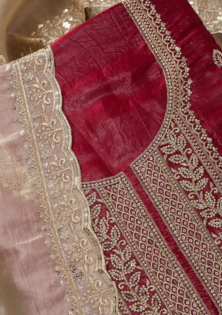 Maroon Threadwork Semi Crepe Unstitched Salwar Suit