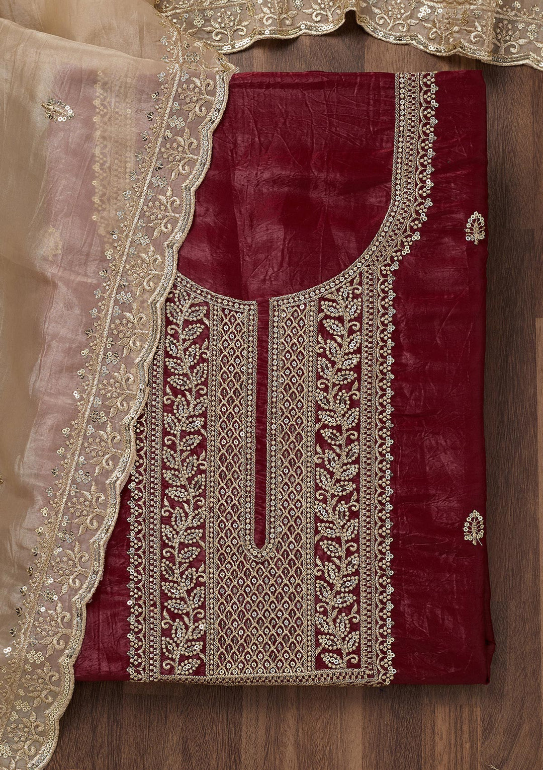 Maroon Threadwork Semi Crepe Unstitched Salwar Suit