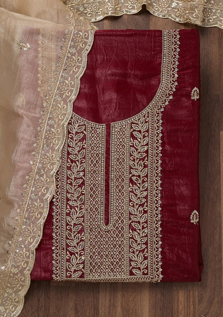 Maroon Threadwork Semi Crepe Unstitched Salwar Suit