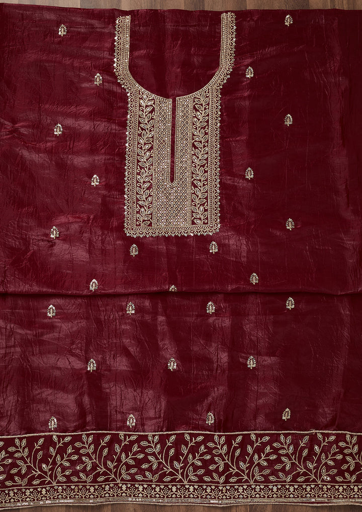 Maroon Threadwork Semi Crepe Unstitched Salwar Suit