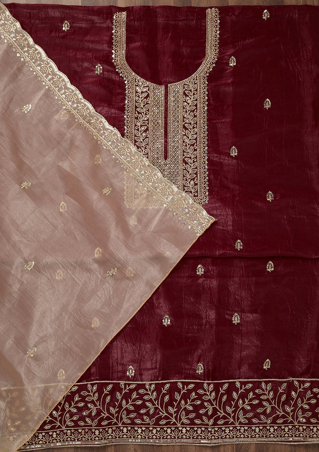 Maroon Threadwork Semi Crepe Unstitched Salwar Suit