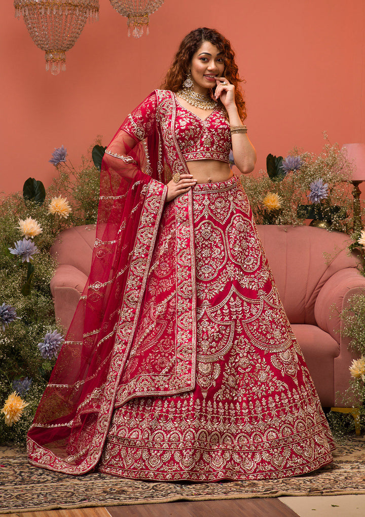 Maroon Zardosi Raw Silk Semi Stitched Lehenga