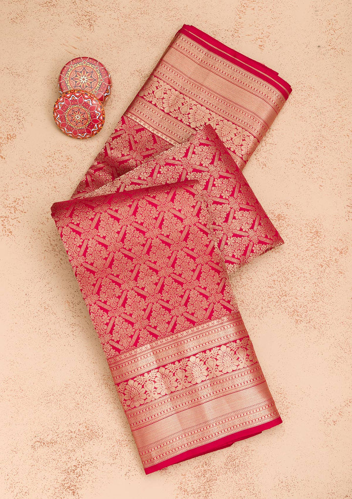 Maroon Silk Jaal Gold Zariwork Saree With Matching Blouse Piece