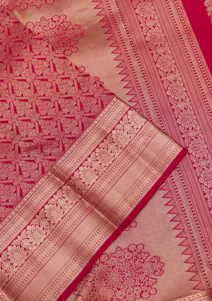 Maroon Silk Jaal Gold Zariwork Saree With Matching Blouse Piece