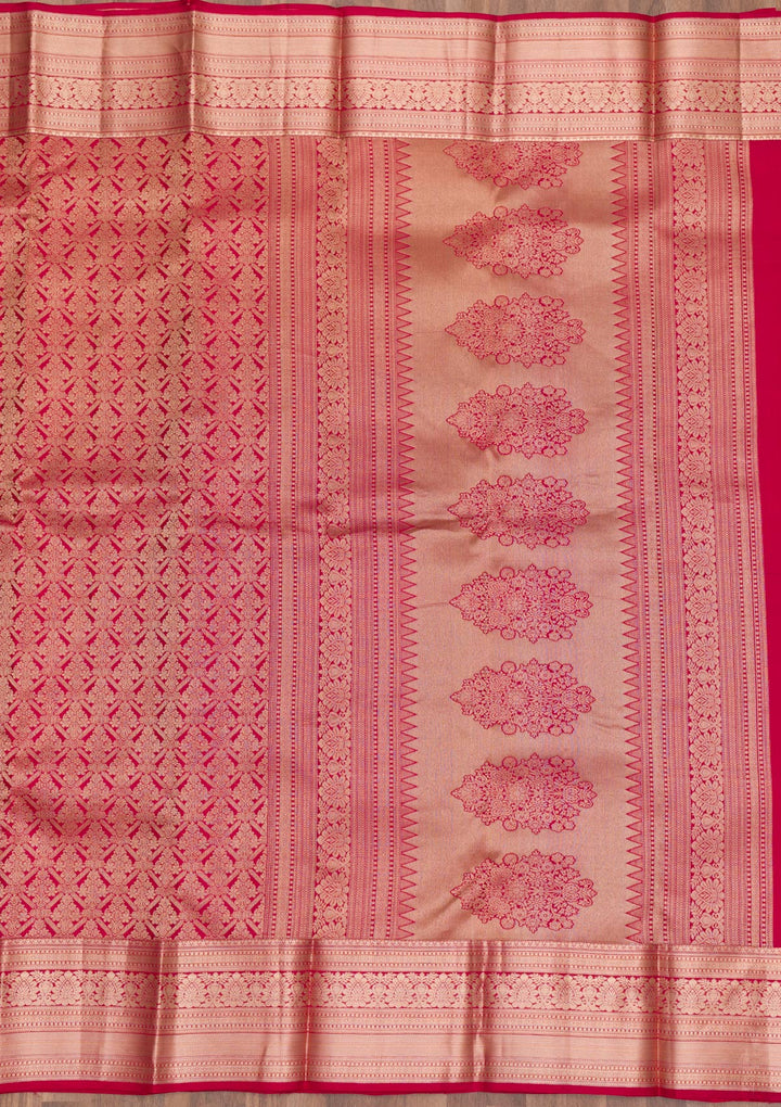 Maroon Silk Jaal Gold Zariwork Saree With Matching Blouse Piece