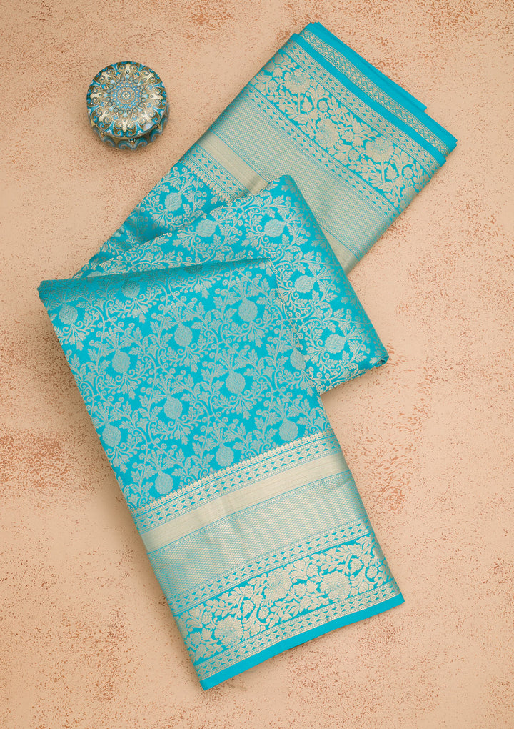 Turquoise Blue Silk Jaal Gold Zariwork Saree With Matching Blouse Piece