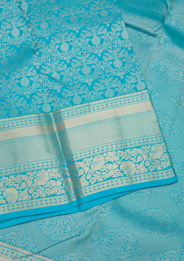 Turquoise Blue Silk Jaal Gold Zariwork Saree With Matching Blouse Piece