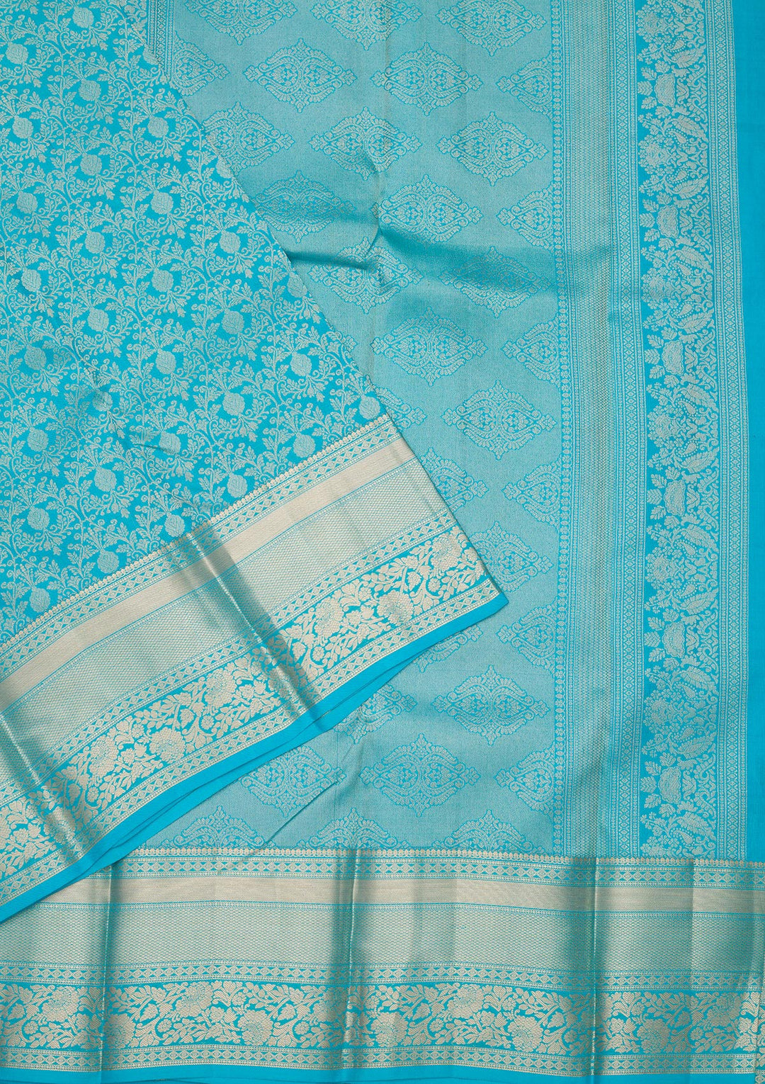 Turquoise Blue Silk Jaal Gold Zariwork Saree With Matching Blouse Piece