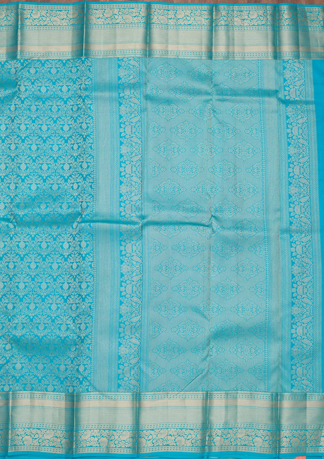 Turquoise Blue Silk Jaal Gold Zariwork Saree With Matching Blouse Piece