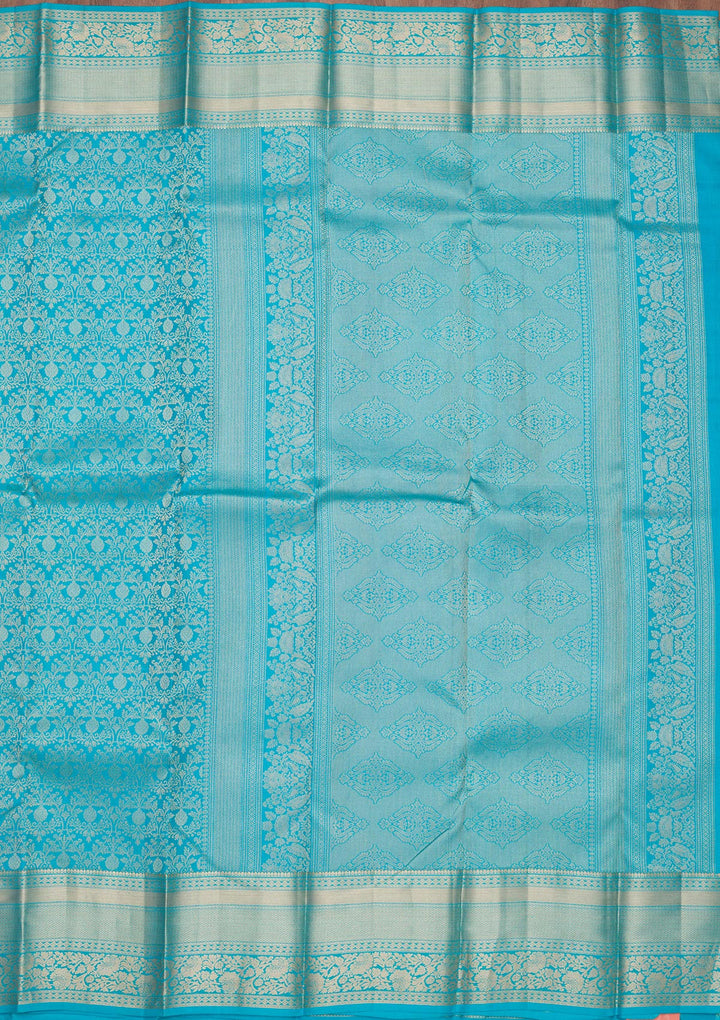 Turquoise Blue Silk Jaal Gold Zariwork Saree With Matching Blouse Piece
