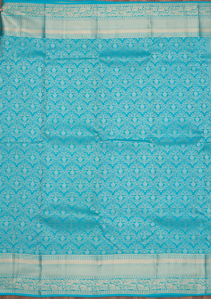 Turquoise Blue Silk Jaal Gold Zariwork Saree With Matching Blouse Piece