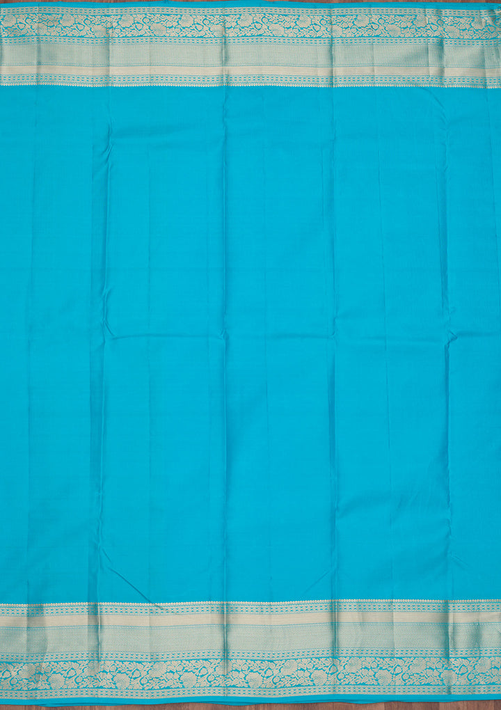 Turquoise Blue Silk Jaal Gold Zariwork Saree With Matching Blouse Piece