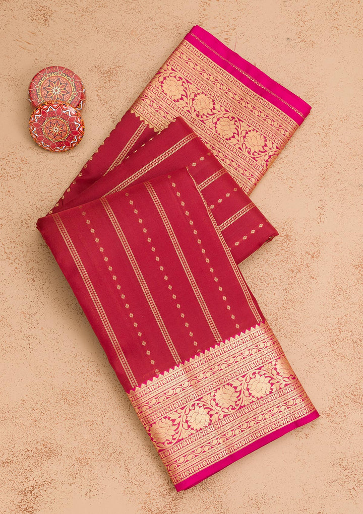 Brown Silk Stripes Gold Zariwork Saree With Matching Blouse Piece