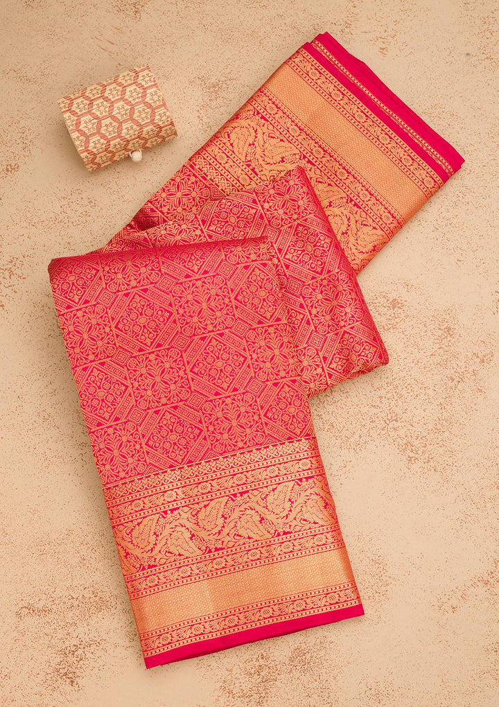 Maroon Silk Jaal Gold Zariwork Saree With Matching Blouse Piece
