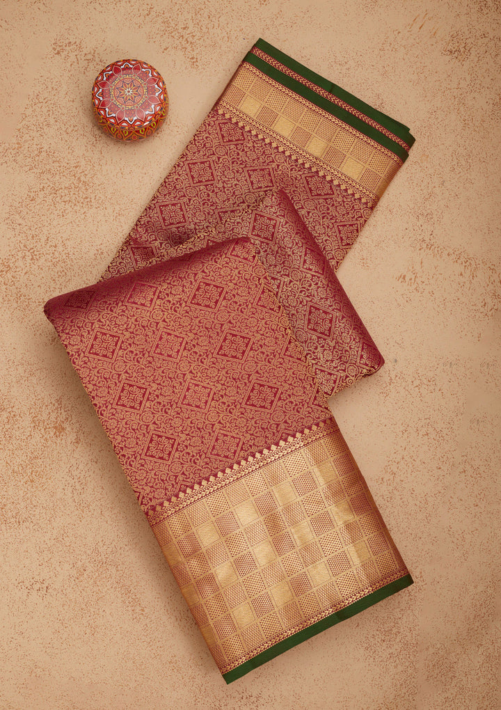 Maroon Silk Jaal Gold Zariwork Saree With Matching Blouse Piece