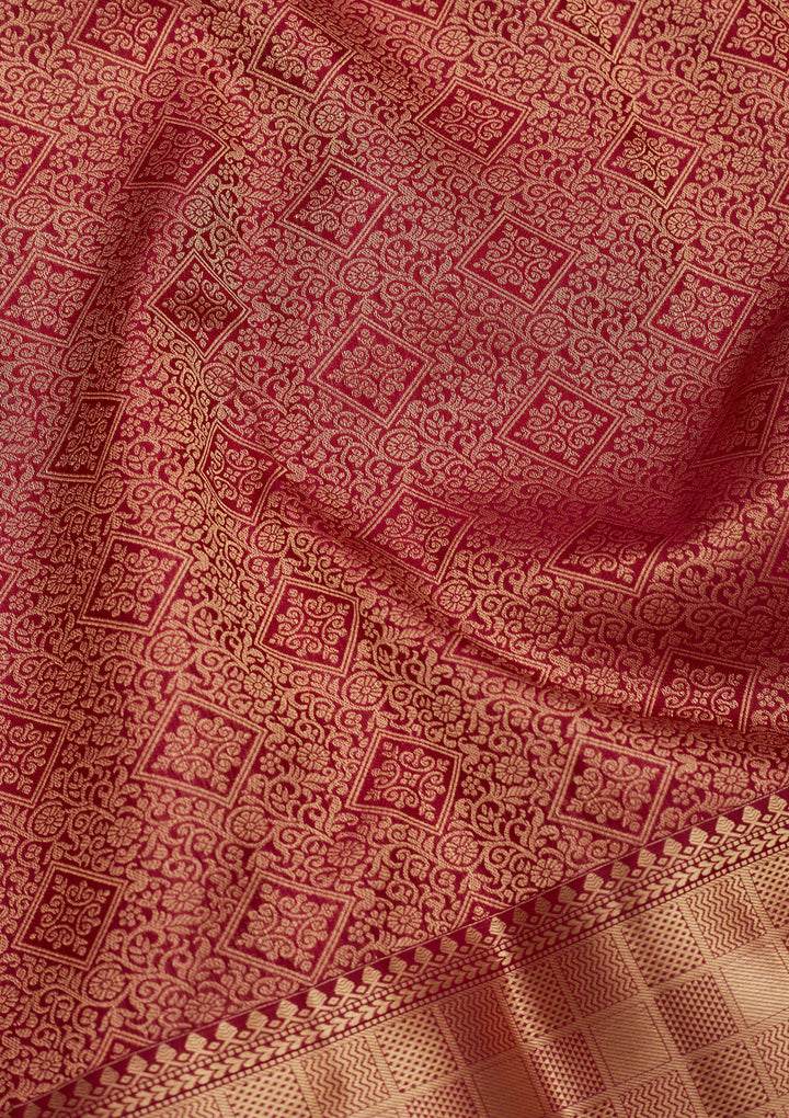 Maroon Silk Jaal Gold Zariwork Saree With Matching Blouse Piece