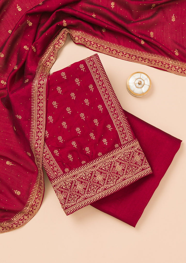 Maroon Zariwork Raw Silk Unstitched Salwar Suit