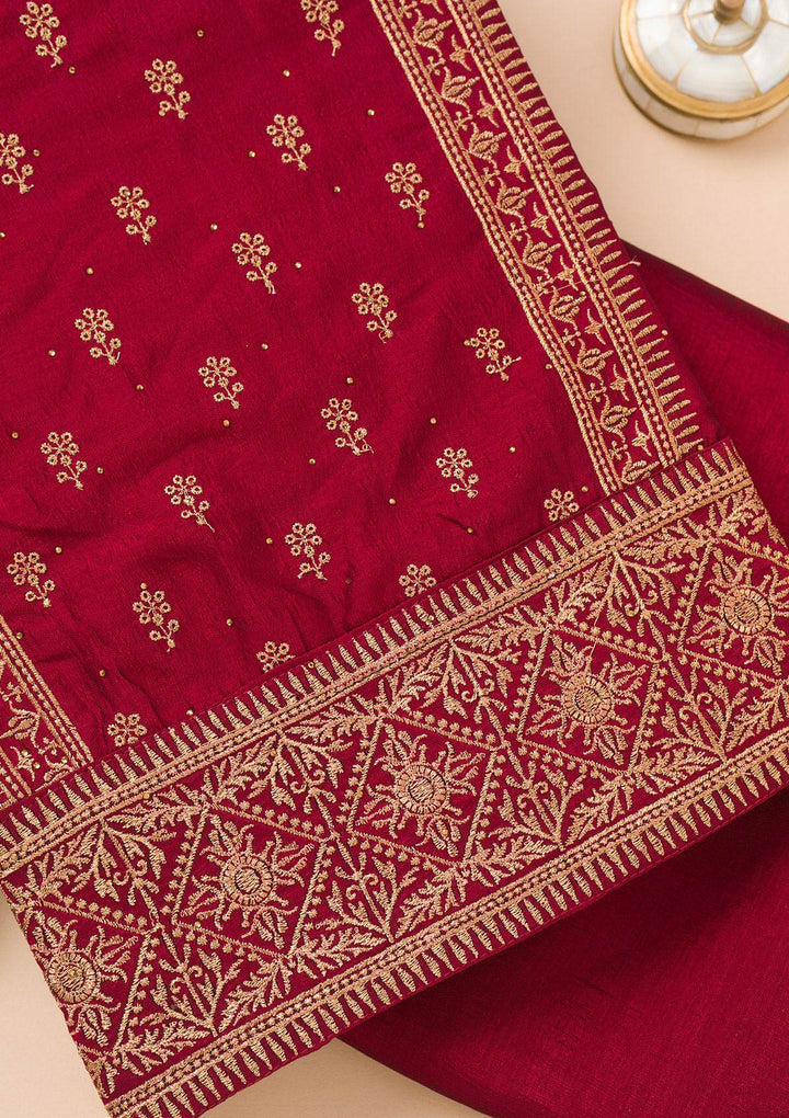 Maroon Zariwork Raw Silk Unstitched Salwar Suit