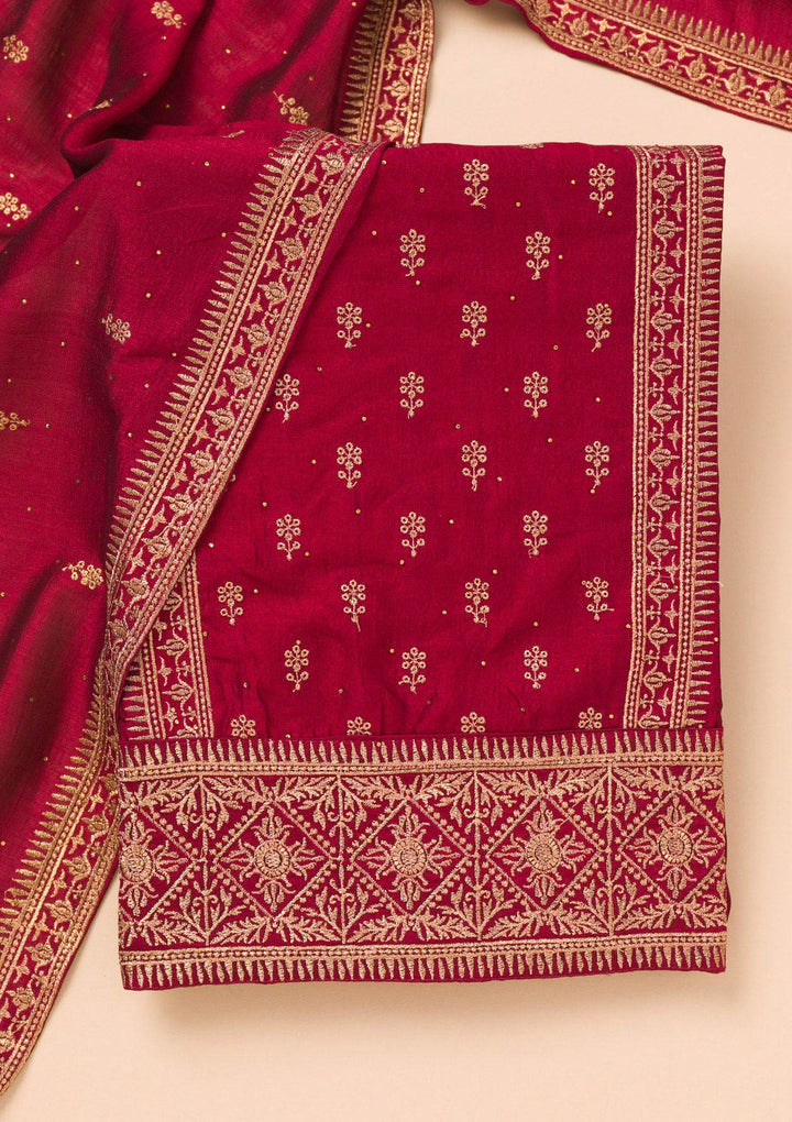 Maroon Zariwork Raw Silk Unstitched Salwar Suit