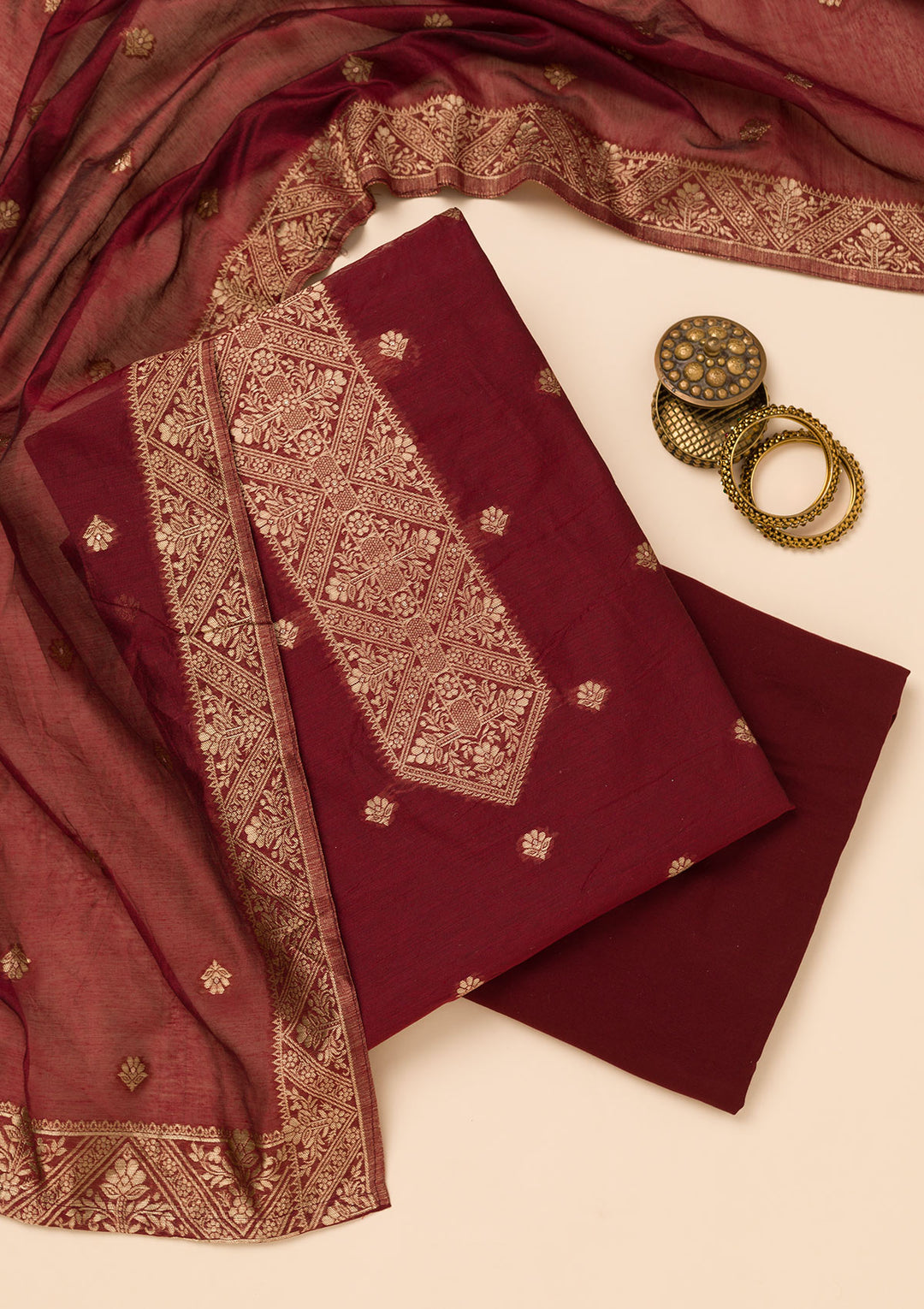 Koskii Burgundy Chanderi Salwar Suit – Unstitched with Elegant Zariwork