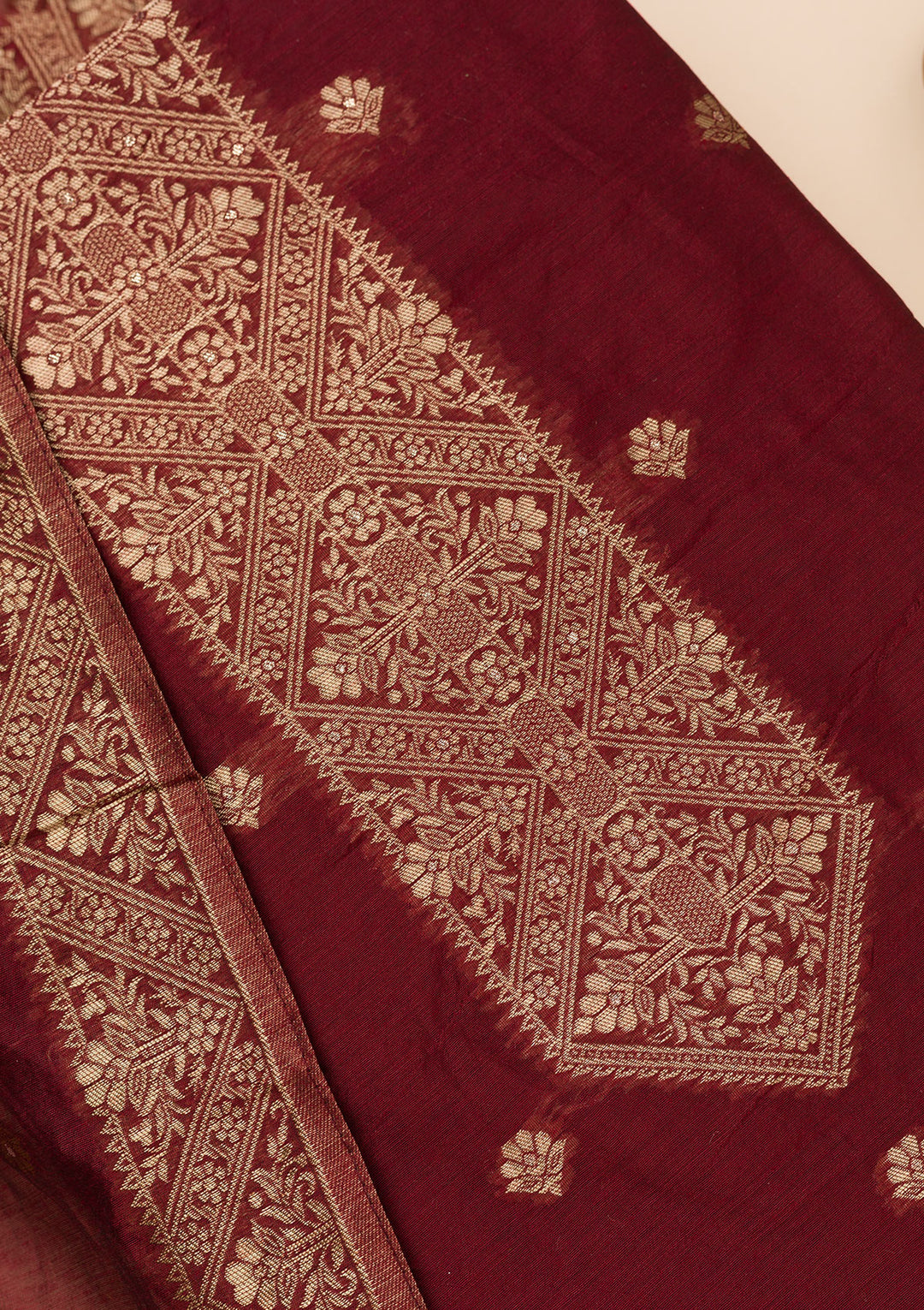 Koskii Burgundy Chanderi Salwar Suit – Unstitched with Elegant Zariwork