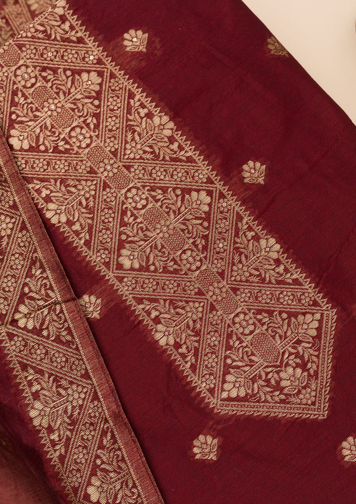 Koskii Burgundy Chanderi Salwar Suit – Unstitched with Elegant Zariwork