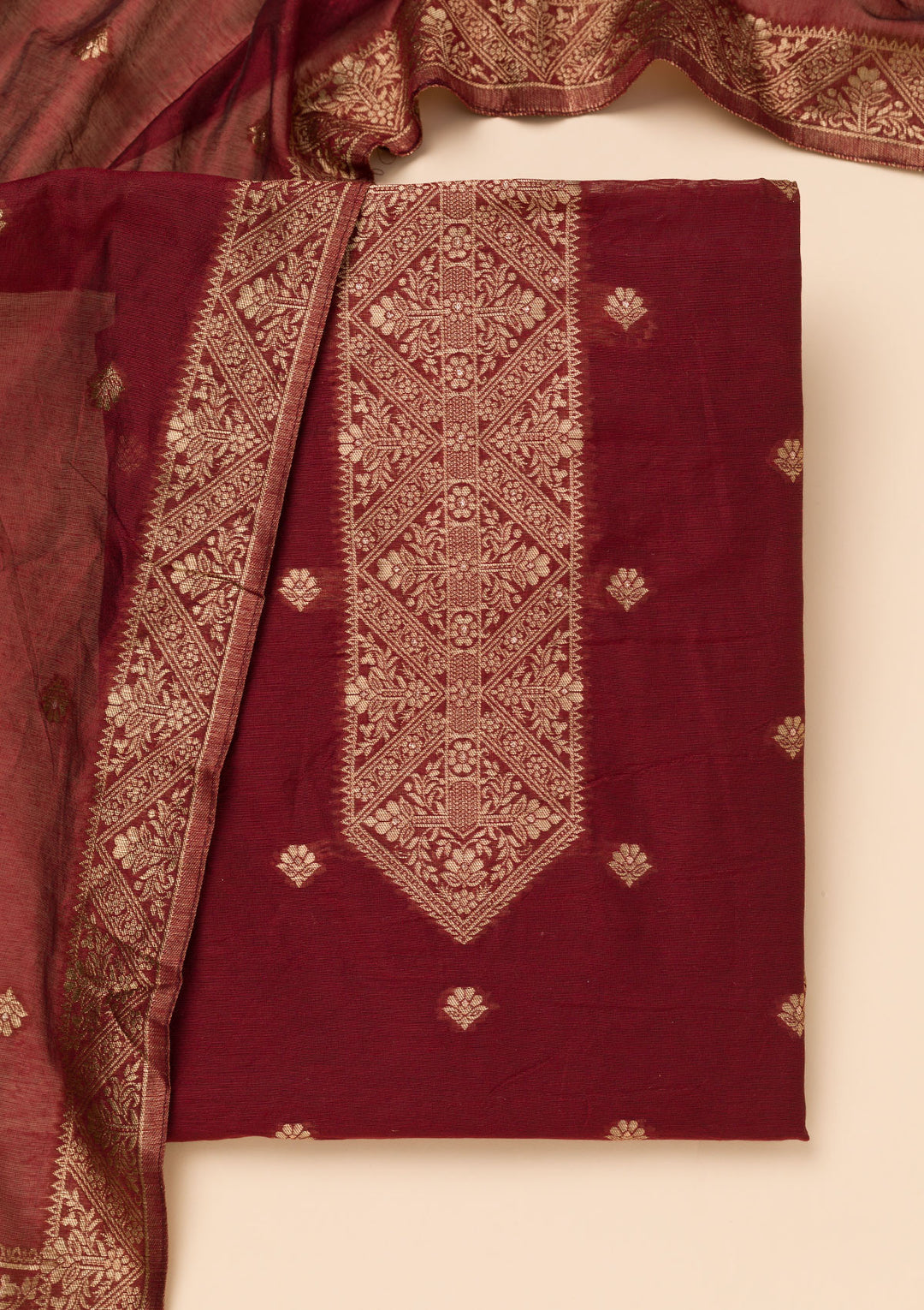 Koskii Burgundy Chanderi Salwar Suit – Unstitched with Elegant Zariwork