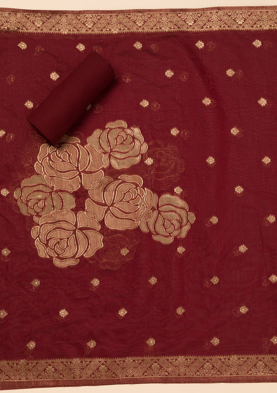 Koskii Burgundy Chanderi Salwar Suit – Unstitched with Elegant Zariwork