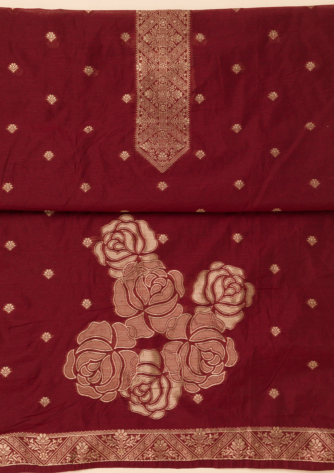 Koskii Burgundy Chanderi Salwar Suit – Unstitched with Elegant Zariwork