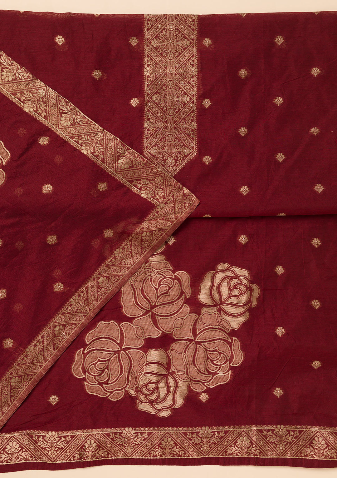 Koskii Burgundy Chanderi Salwar Suit – Unstitched with Elegant Zariwork