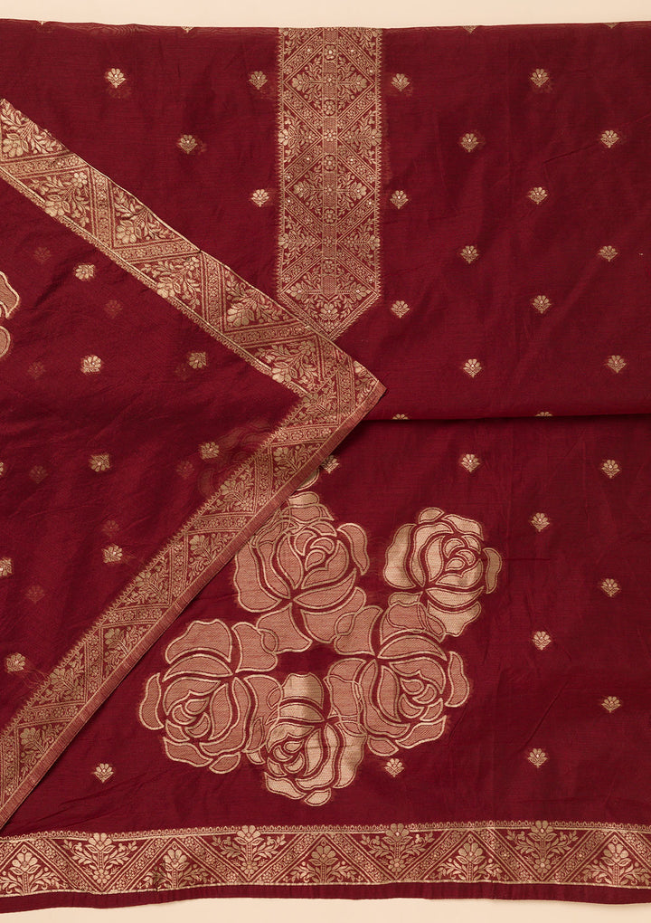 Koskii Burgundy Chanderi Salwar Suit – Unstitched with Elegant Zariwork
