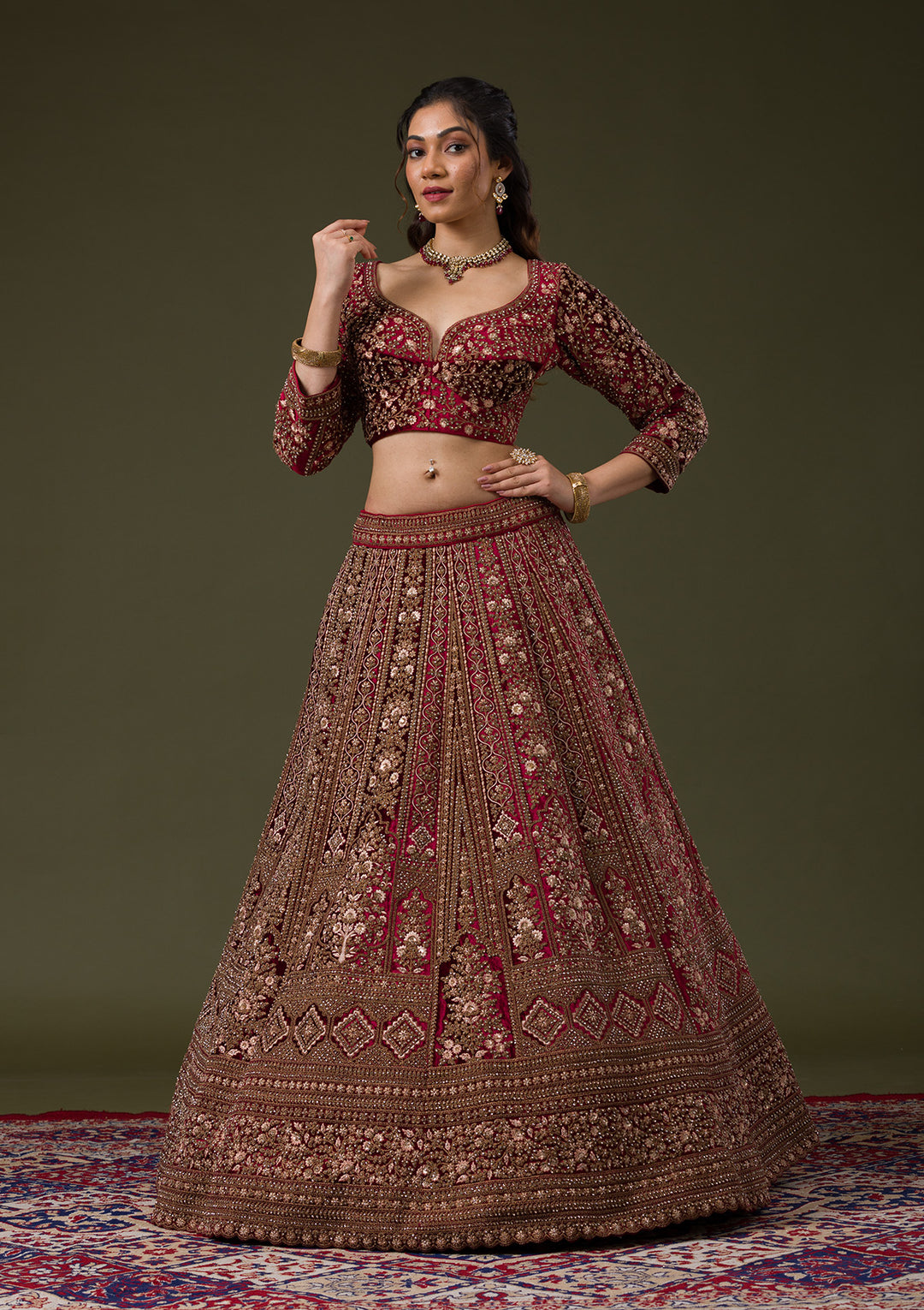 Maroon Zariwork Velvet Readymade Lehenga