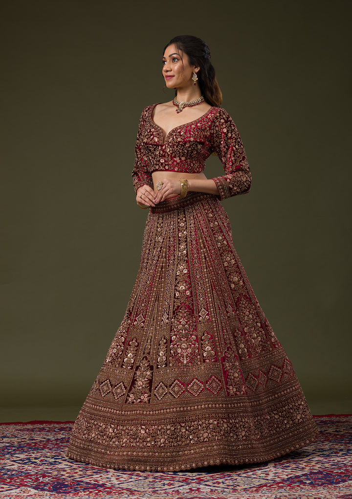 Maroon Zariwork Velvet Readymade Lehenga