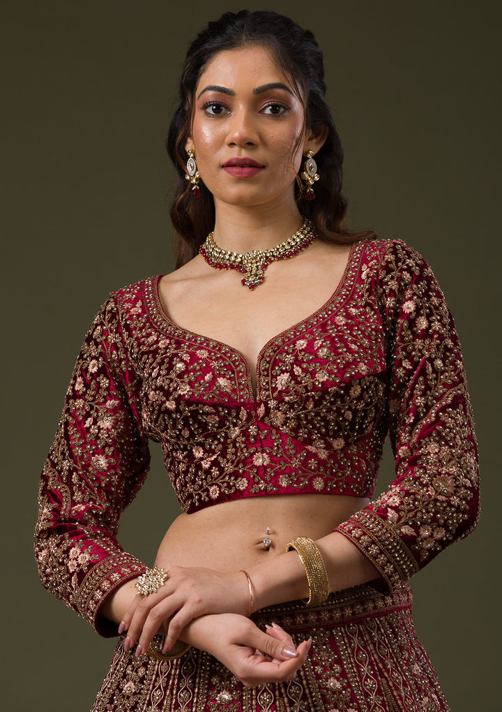 Maroon Zariwork Velvet Readymade Lehenga