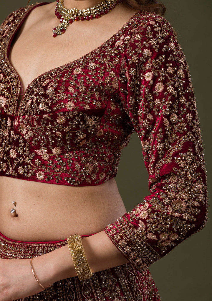 Maroon Zariwork Velvet Readymade Lehenga