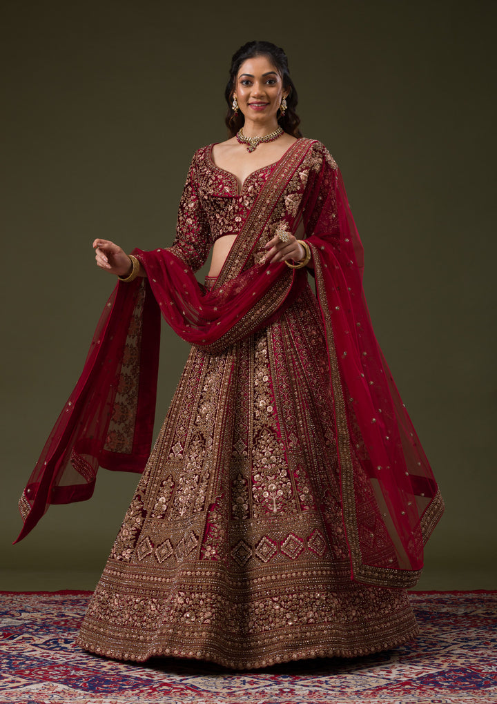 Maroon Zariwork Velvet Readymade Lehenga