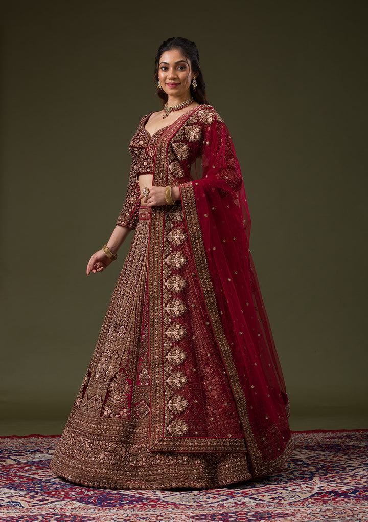 Maroon Zariwork Velvet Readymade Lehenga
