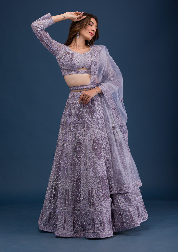 Mauve Pearlwork Net Readymade Lehenga