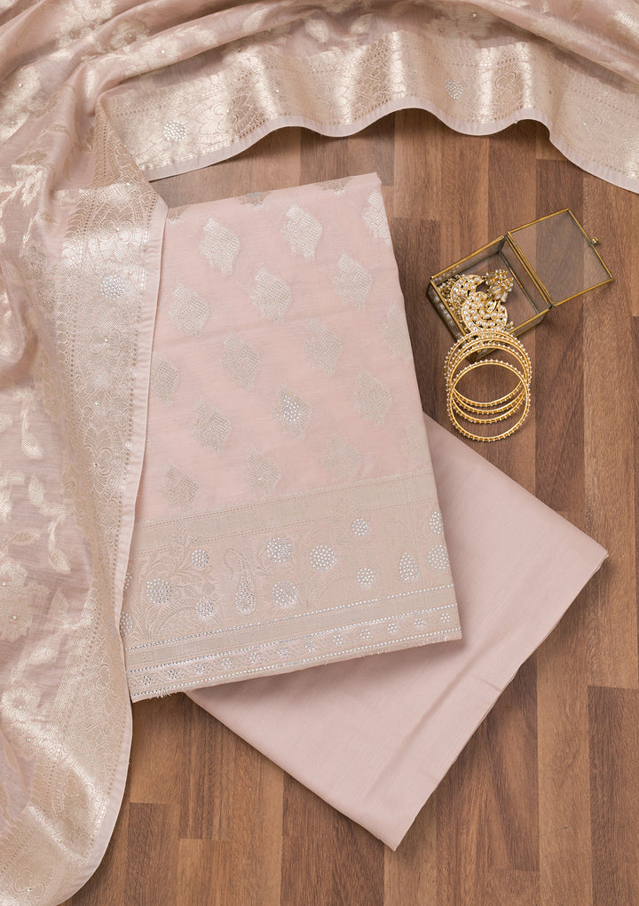 Light Grey Silk Silver Zariwork Unstitched Dress Material With Matching Bottom And Dupatta
