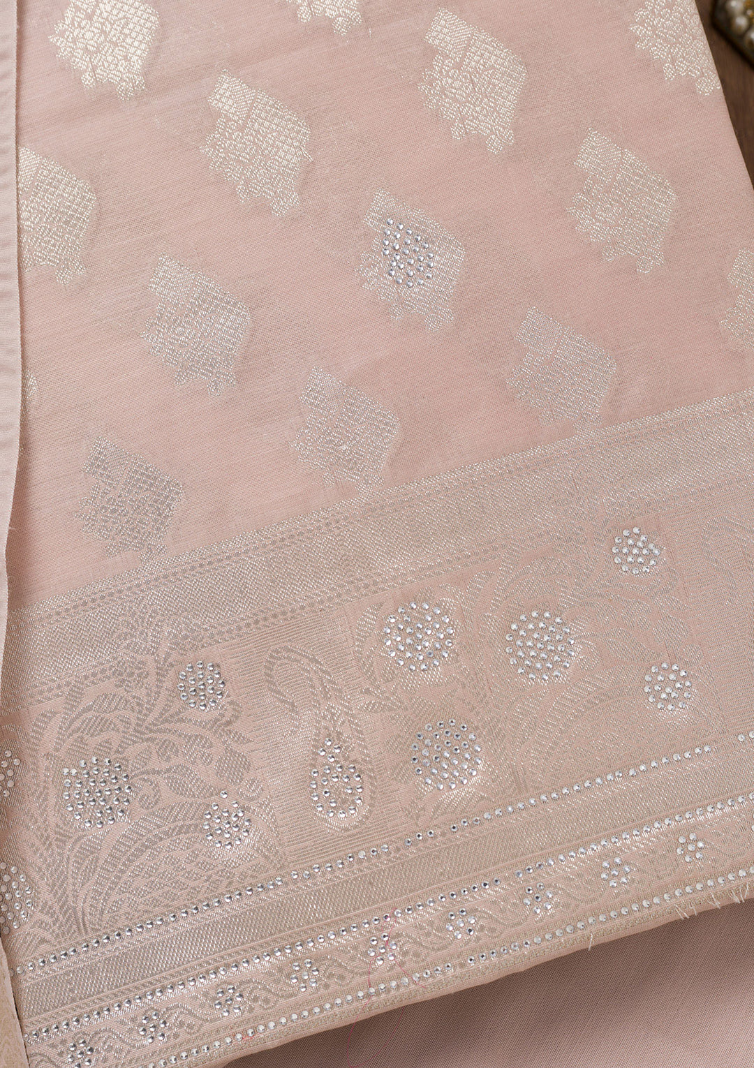 Light Grey Silk Silver Zariwork Unstitched Dress Material With Matching Bottom And Dupatta