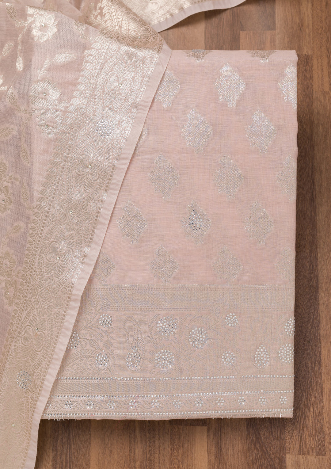 Light Grey Silk Silver Zariwork Unstitched Dress Material With Matching Bottom And Dupatta