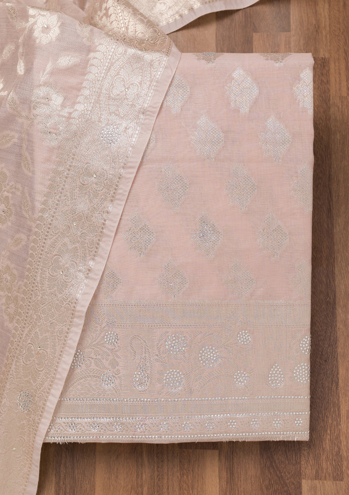 Light Grey Silk Silver Zariwork Unstitched Dress Material With Matching Bottom And Dupatta