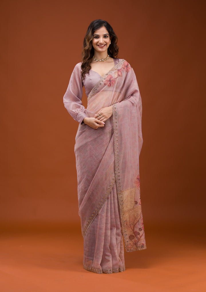 Mauve Organza Floral Gold Zariwork Saree With Matching Blouse Piece