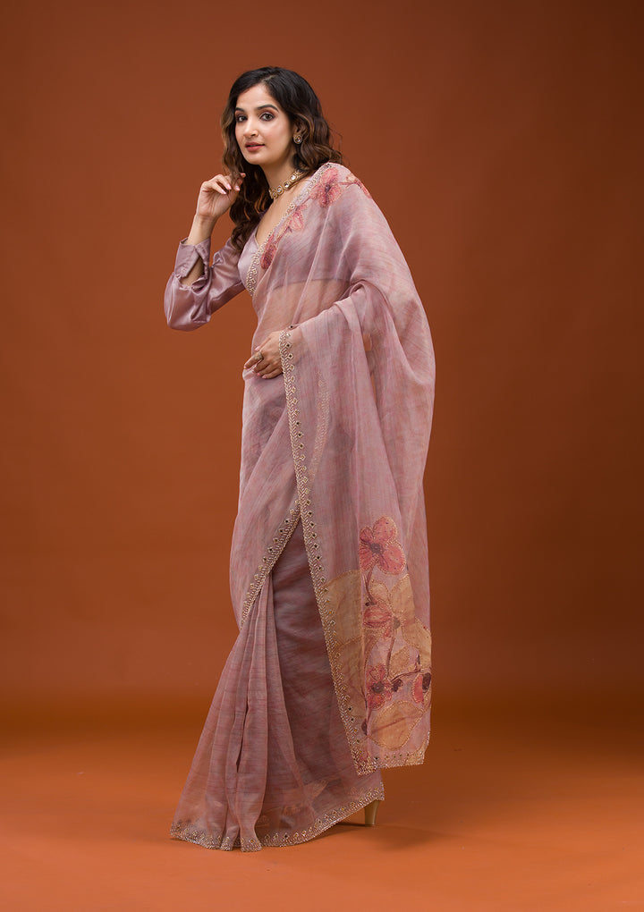 Mauve Organza Floral Gold Zariwork Saree With Matching Blouse Piece
