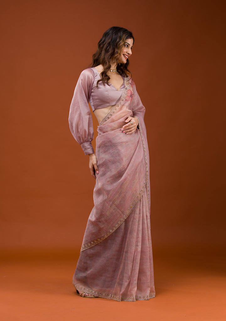 Mauve Organza Floral Gold Zariwork Saree With Matching Blouse Piece