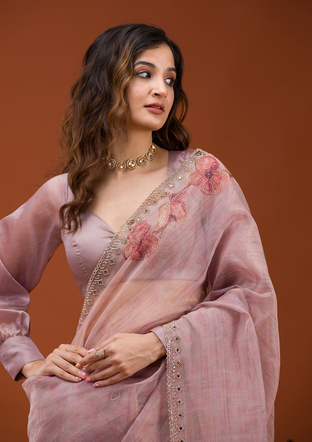 Mauve Organza Floral Gold Zariwork Saree With Matching Blouse Piece